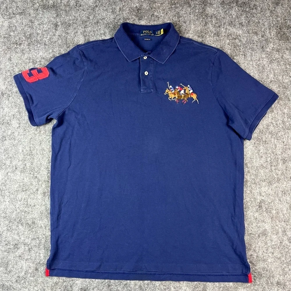 Vintage Polo Ralph Lauren Men's Classic Fit Tripple Pony Polo Shirt Navy Size XL